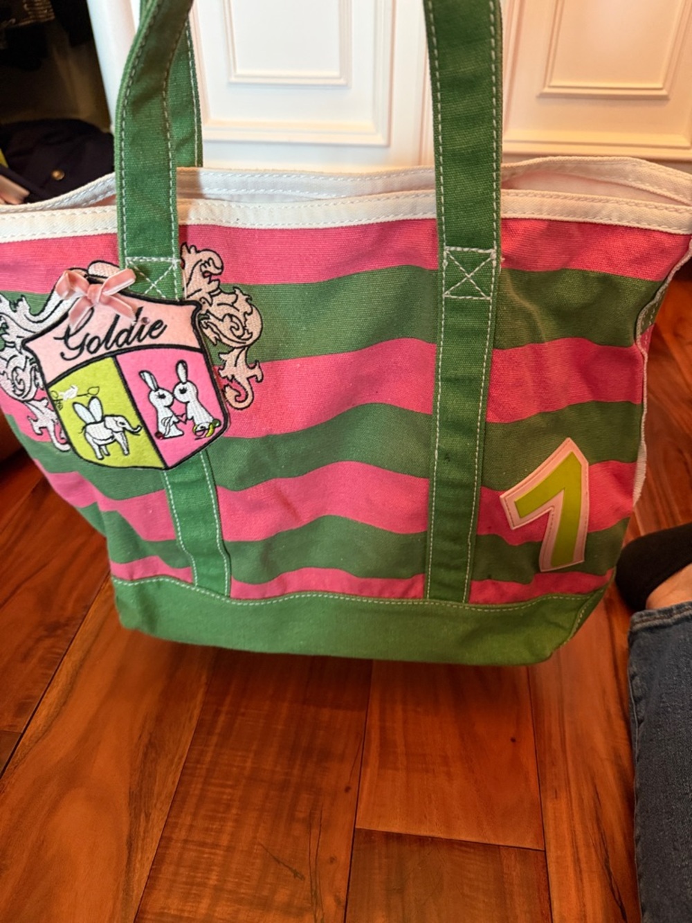 Goldie Pink & Green Striped Canvas Tote with Crest Patch